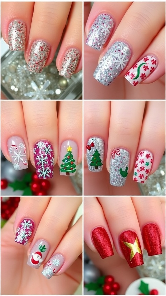Festive Christmas Nail Art Designs with Sparkle A variety of Christmas nail art designs with glitter, including snowflakes and Christmas trees.